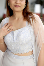 Powder Lavender Embroidered Crop Top with Wide-Leg Palazzos and Sheer Cape Overlay
