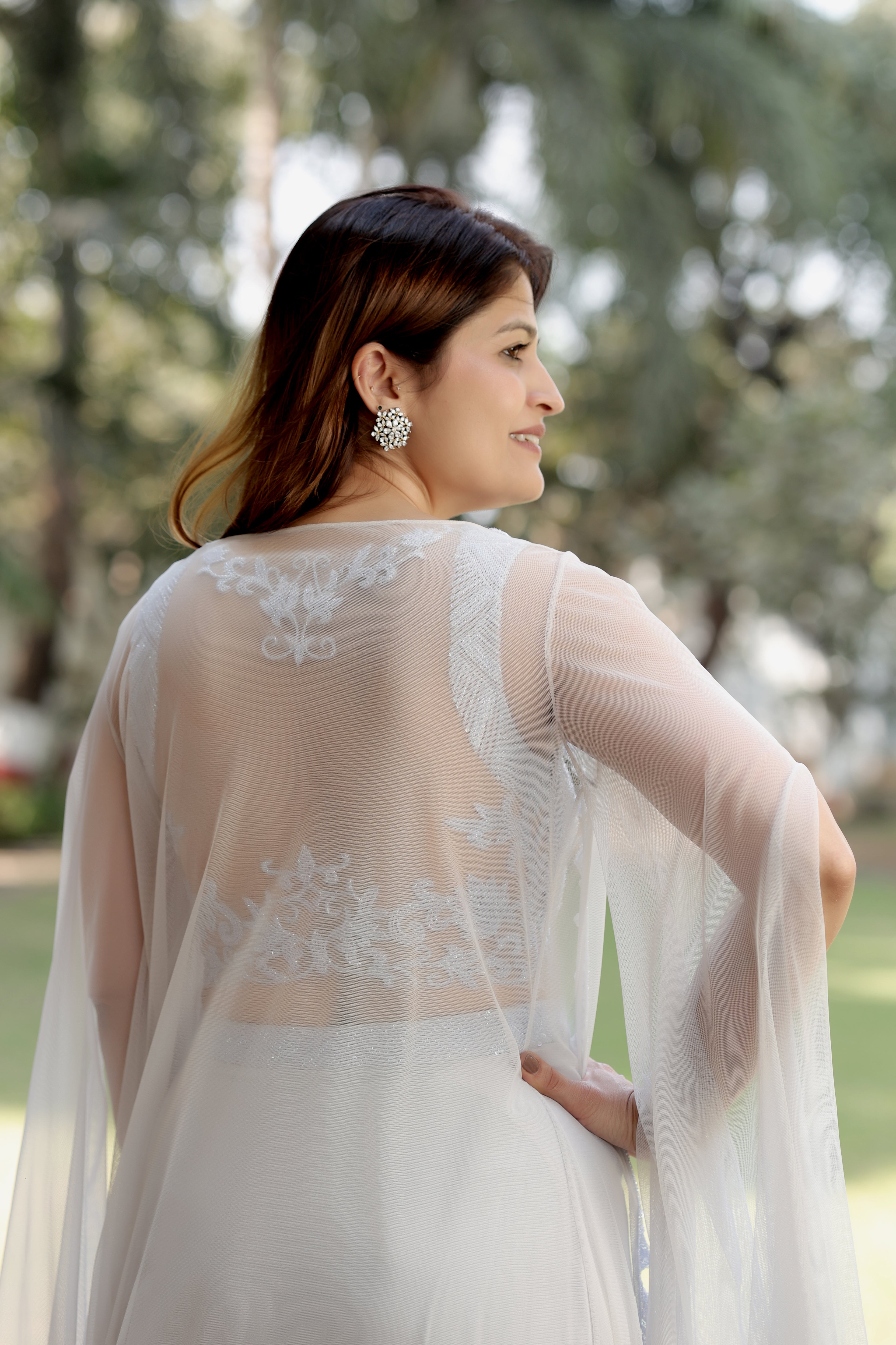 Powder Lavender Embroidered Crop Top with Wide-Leg Palazzos and Sheer Cape Overlay