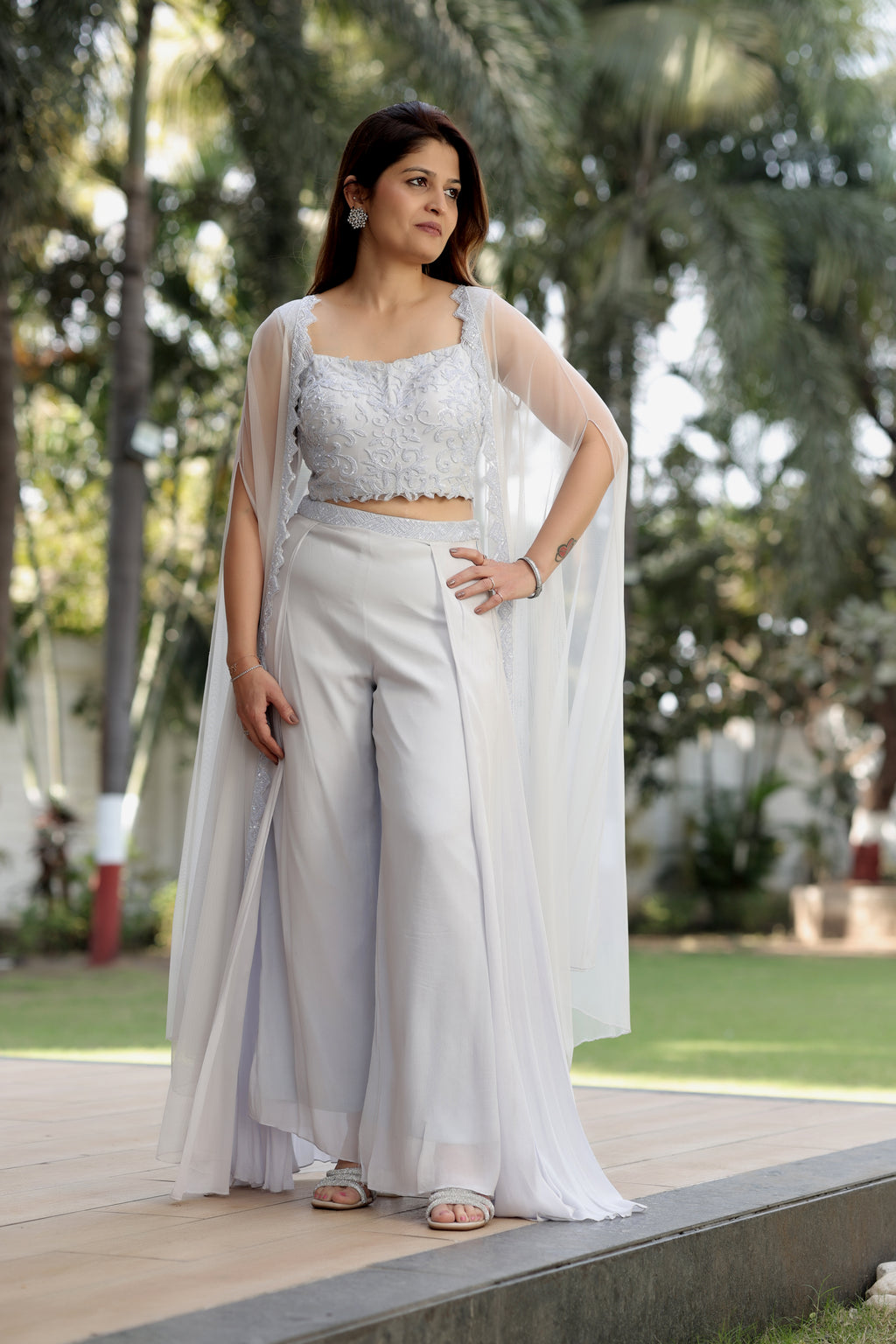 Powder Lavender Embroidered Crop Top with Wide-Leg Palazzos and Sheer Cape Overlay