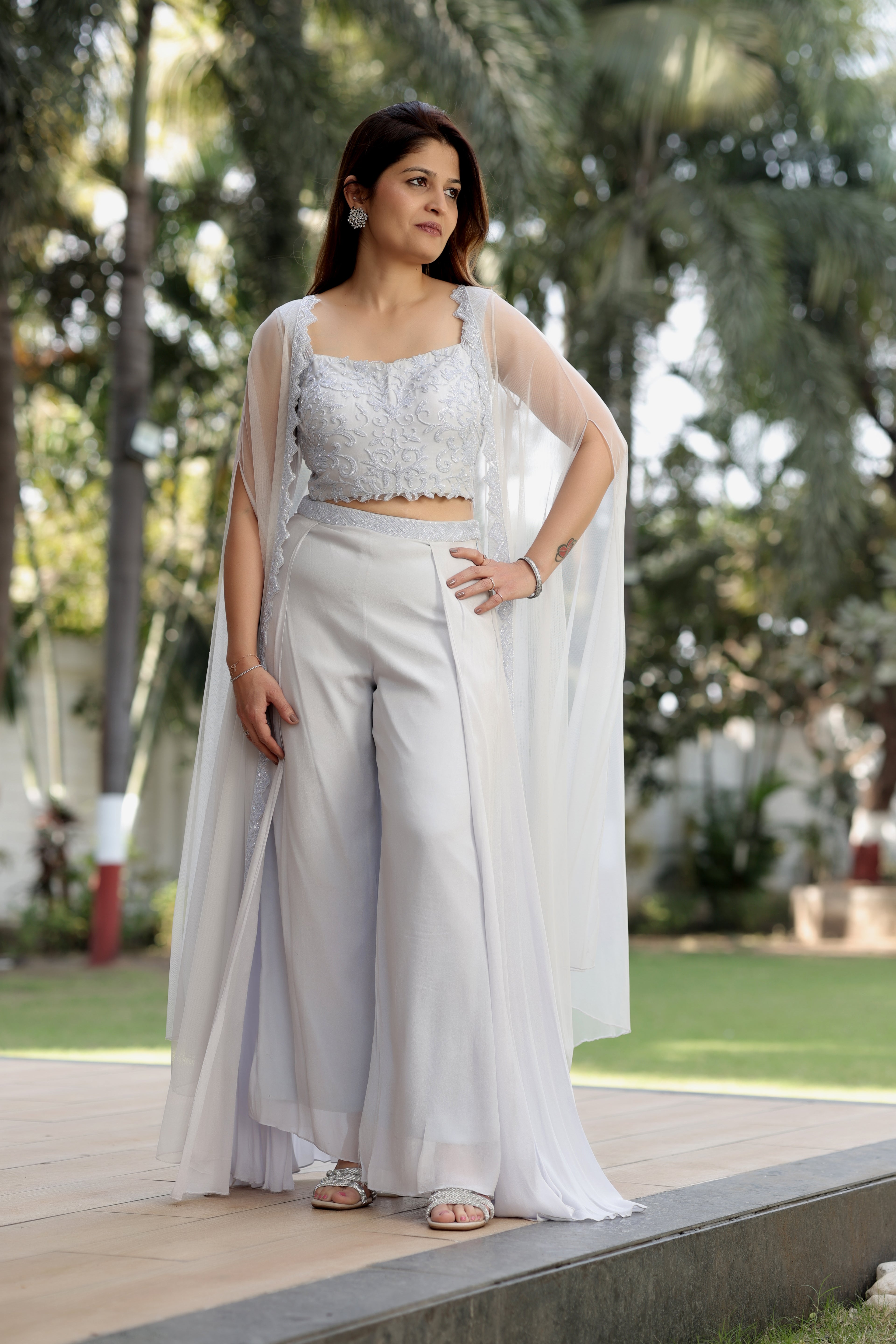 Powder Lavender Embroidered Crop Top with Wide-Leg Palazzos and Sheer Cape Overlay