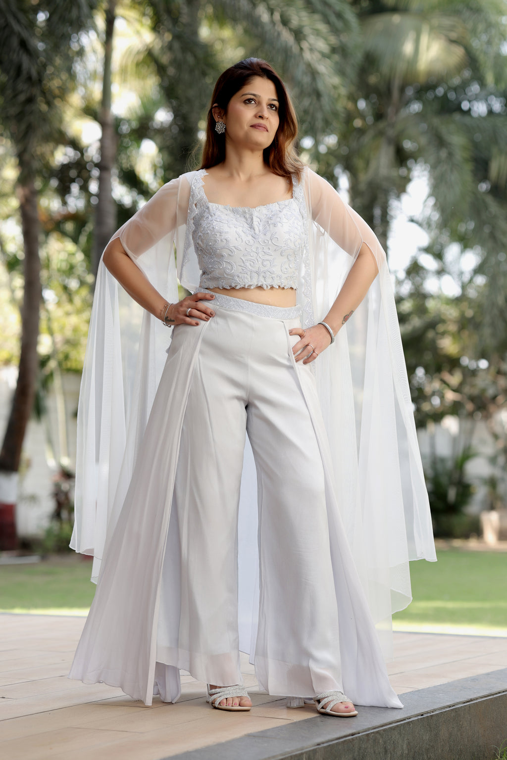 Powder Lavender Embroidered Crop Top with Wide-Leg Palazzos and Sheer Cape Overlay