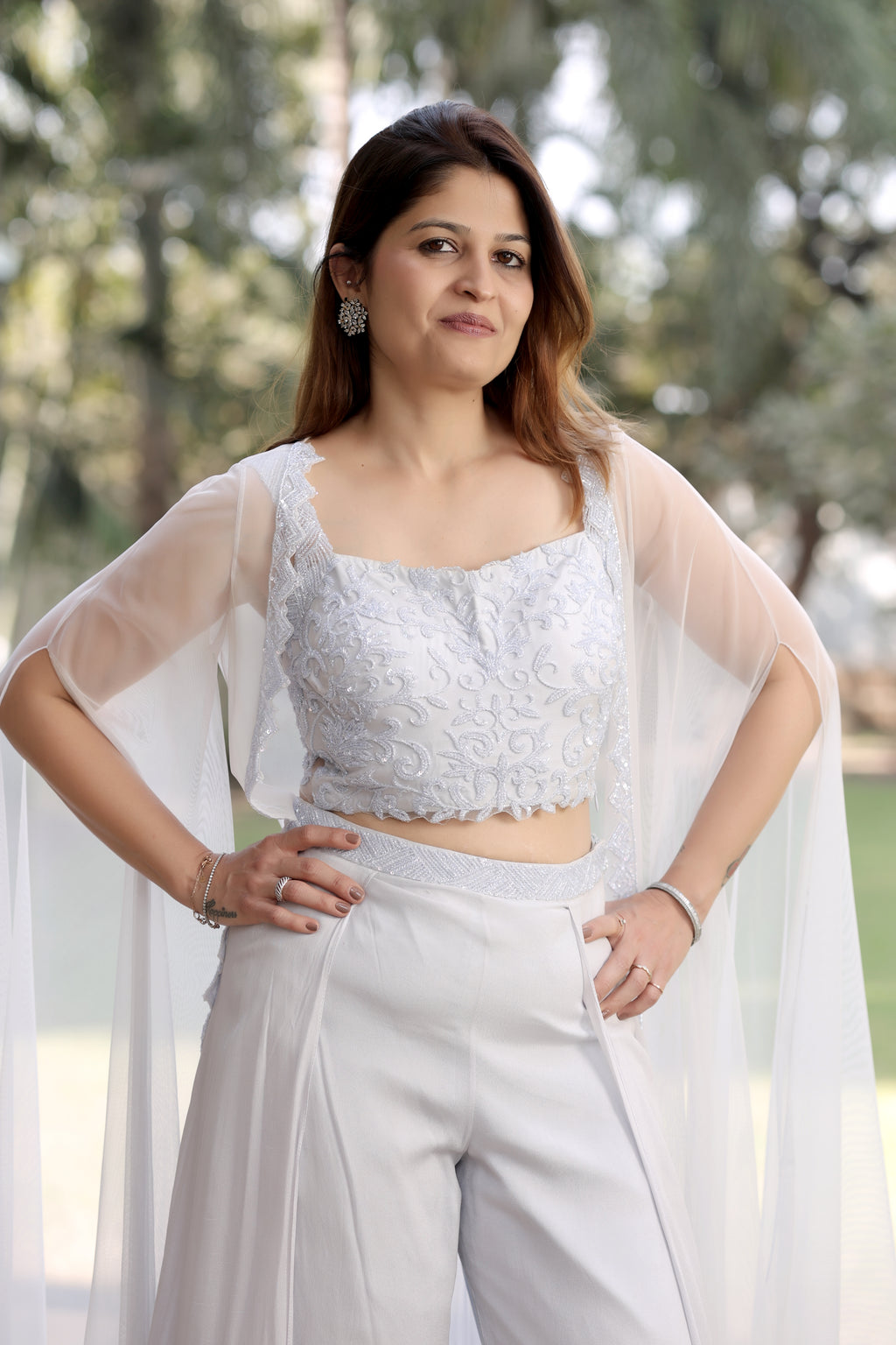 Powder Lavender Embroidered Crop Top with Wide-Leg Palazzos and Sheer Cape Overlay