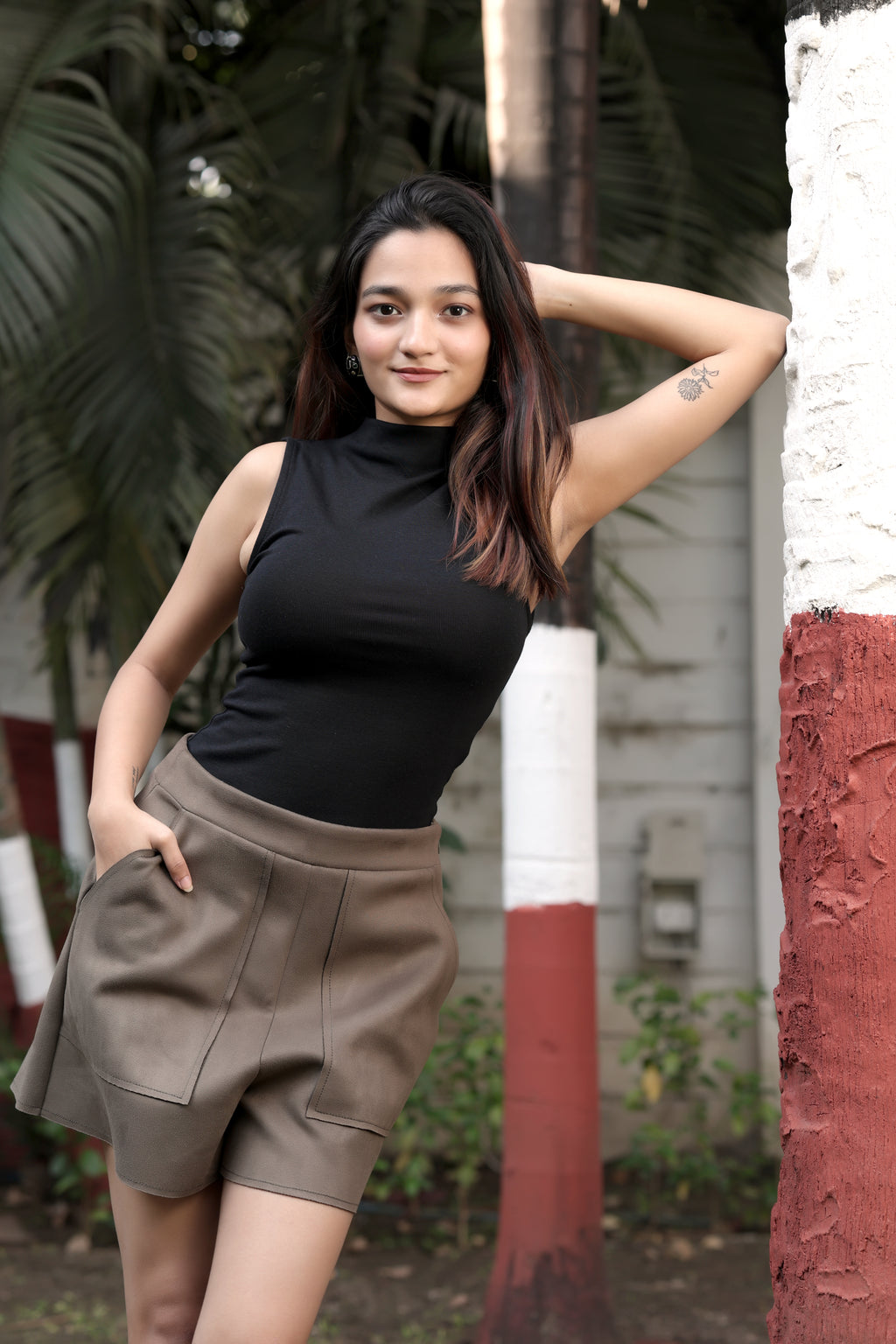 Olive Brown High-Waisted Tailored Skorts
