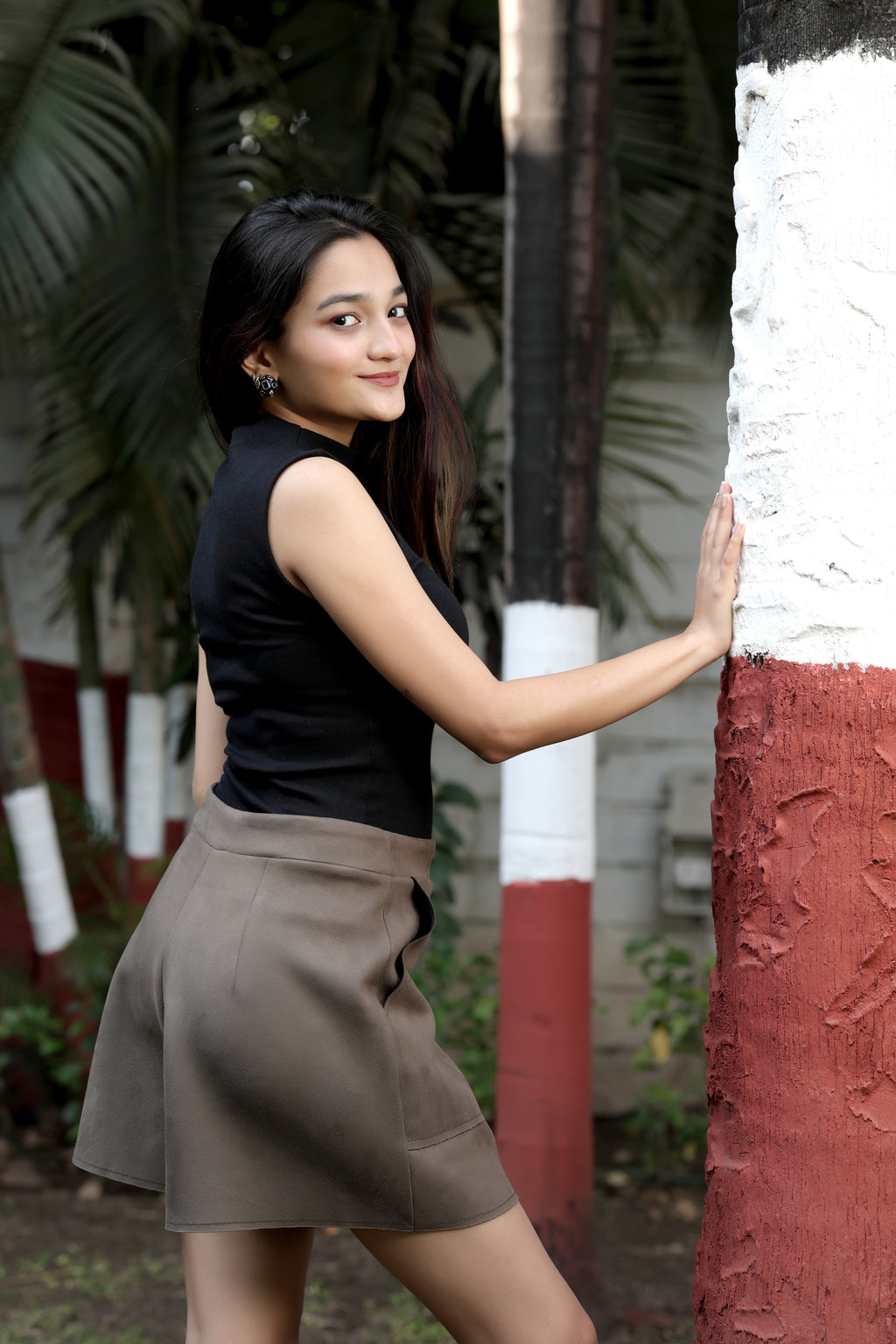 Olive Brown High-Waisted Tailored Skorts