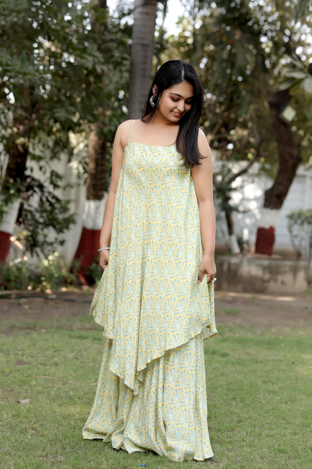 Pale Yellow Printed Asymmetric Tunic & Sharara Set
