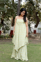 Pale Yellow Printed Asymmetric Tunic & Sharara Set