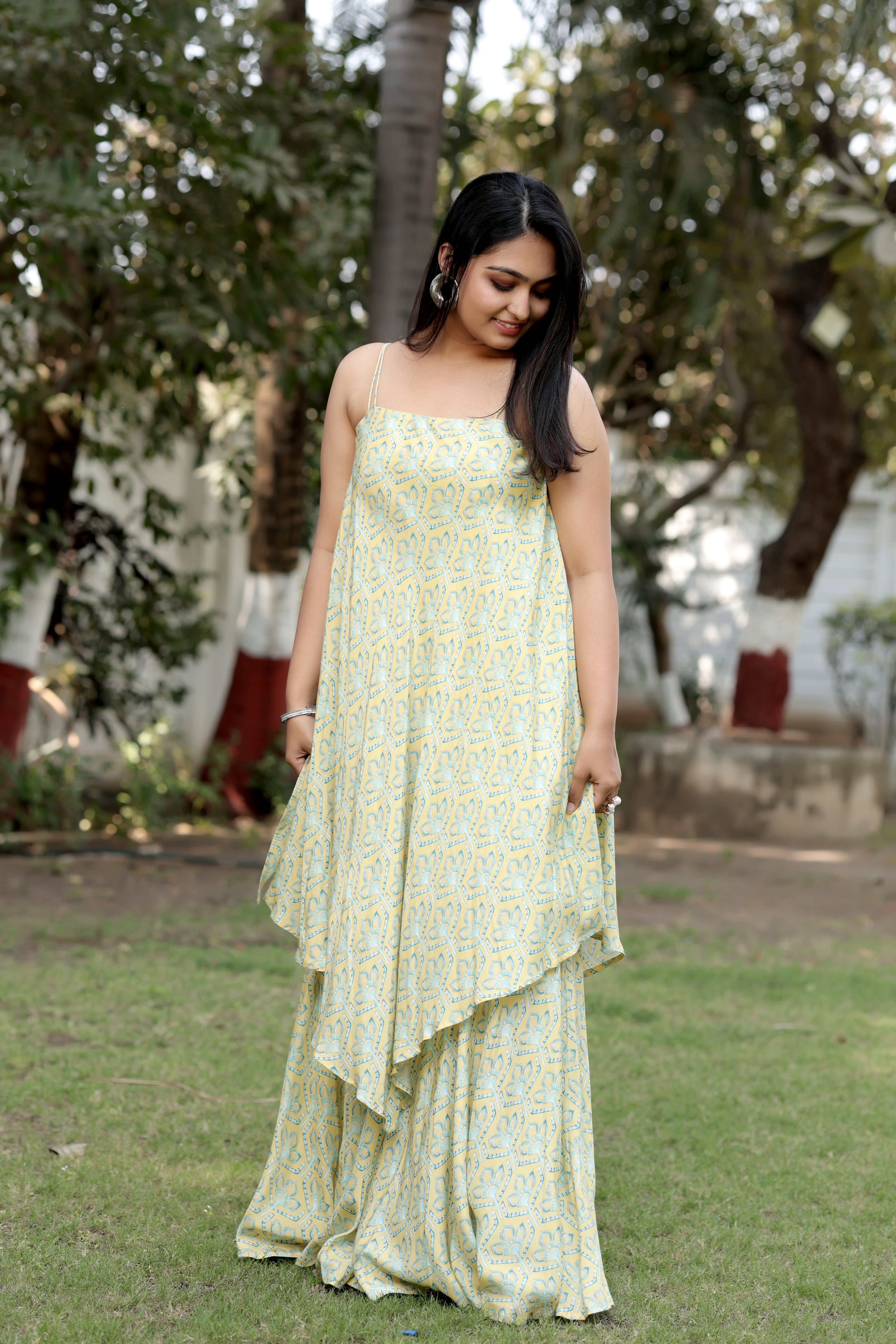 Pale Yellow Printed Asymmetric Tunic & Sharara Set