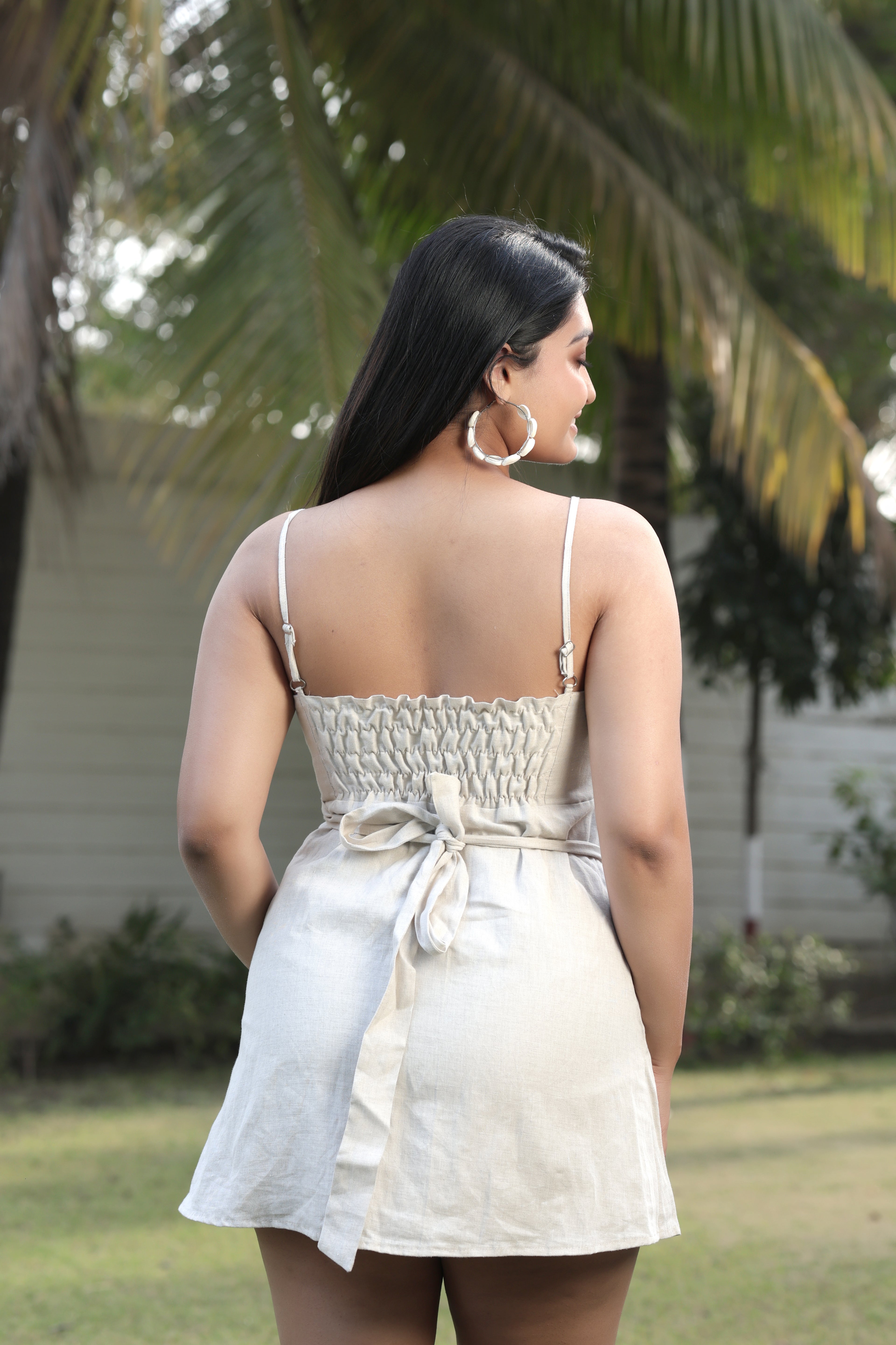 Oatmeal Linen-Blend Cut-Out Mini Dress