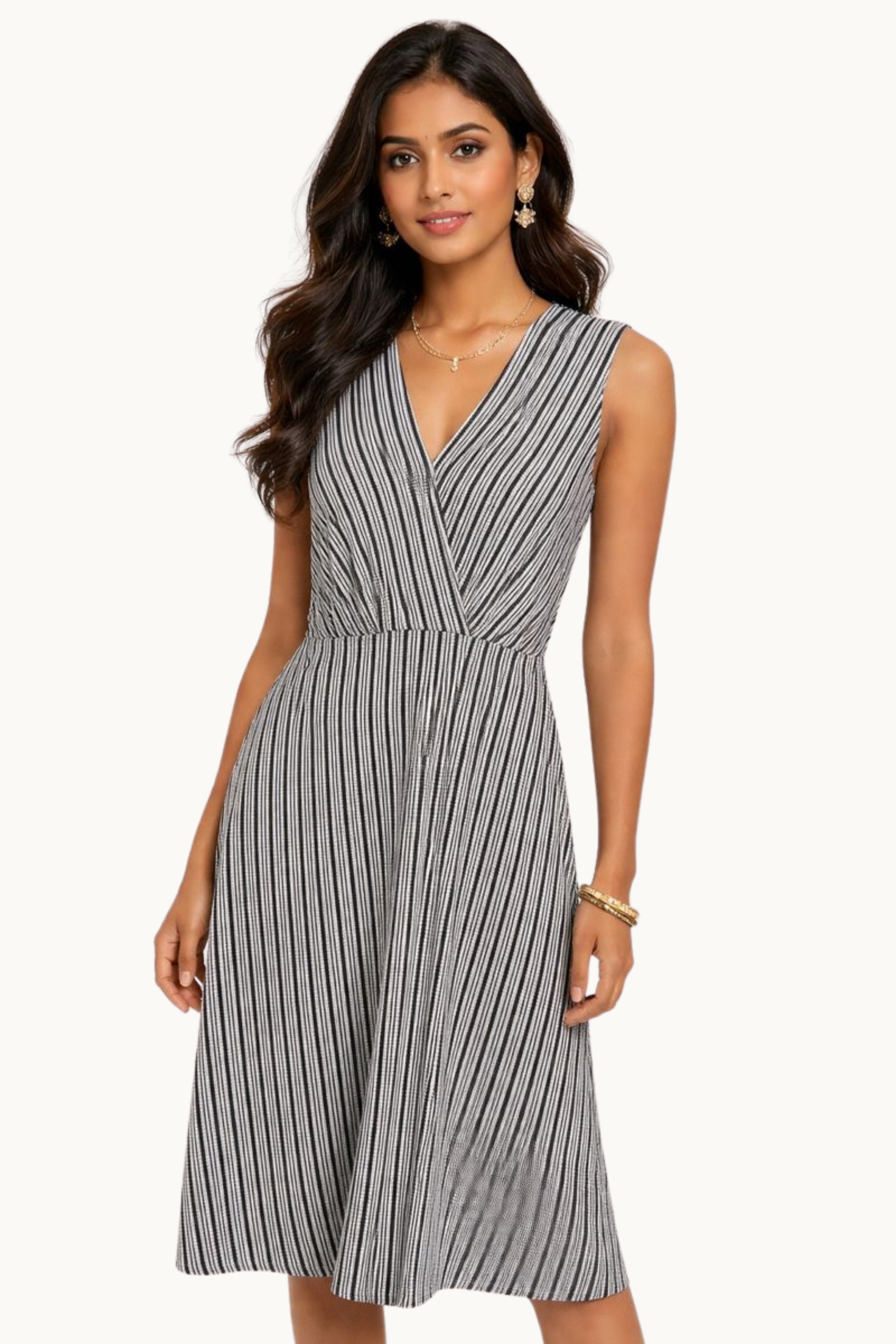 Striped V-Neck Fit & Flare Office Wear Dress