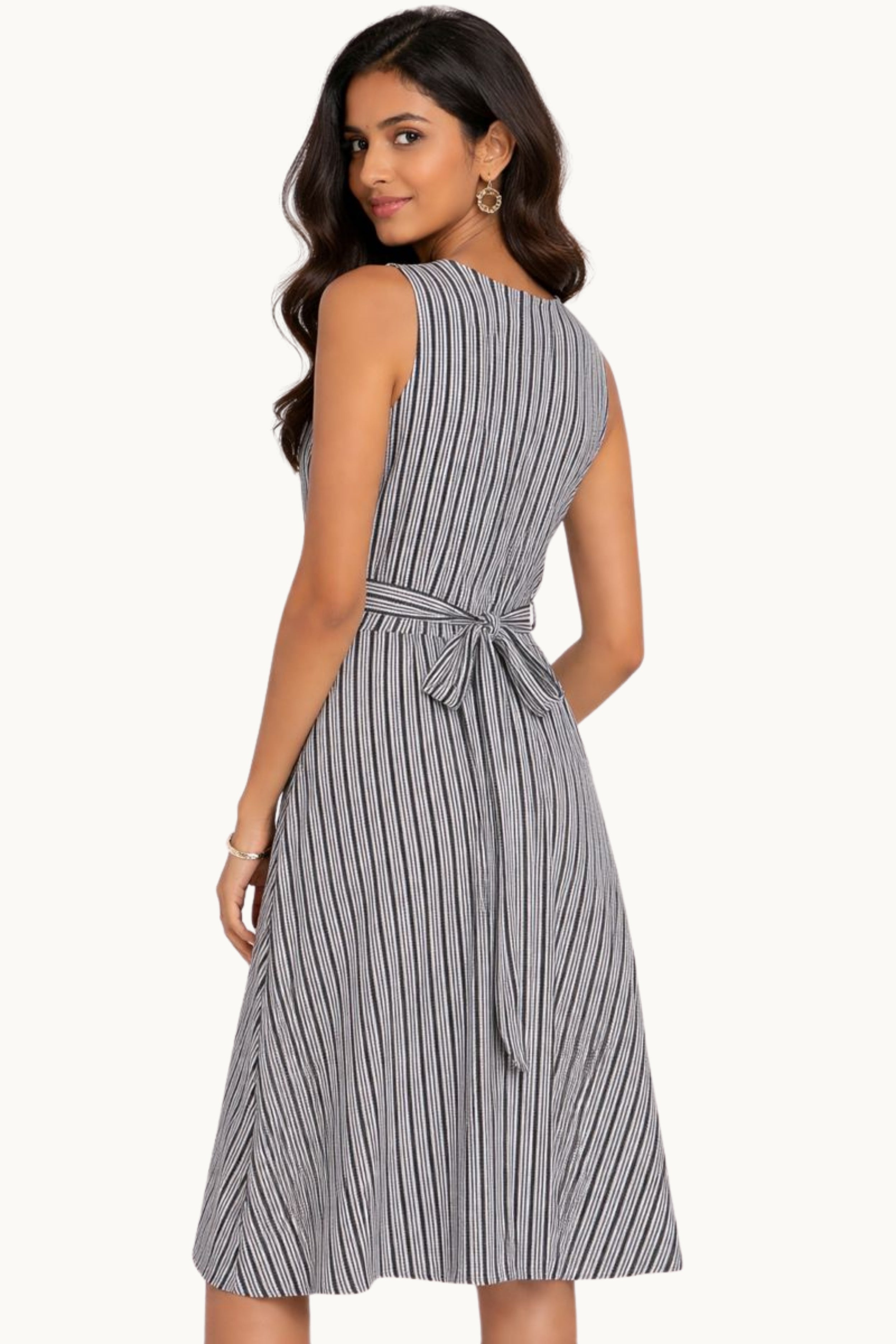Striped V-Neck Fit & Flare Office Wear Dress