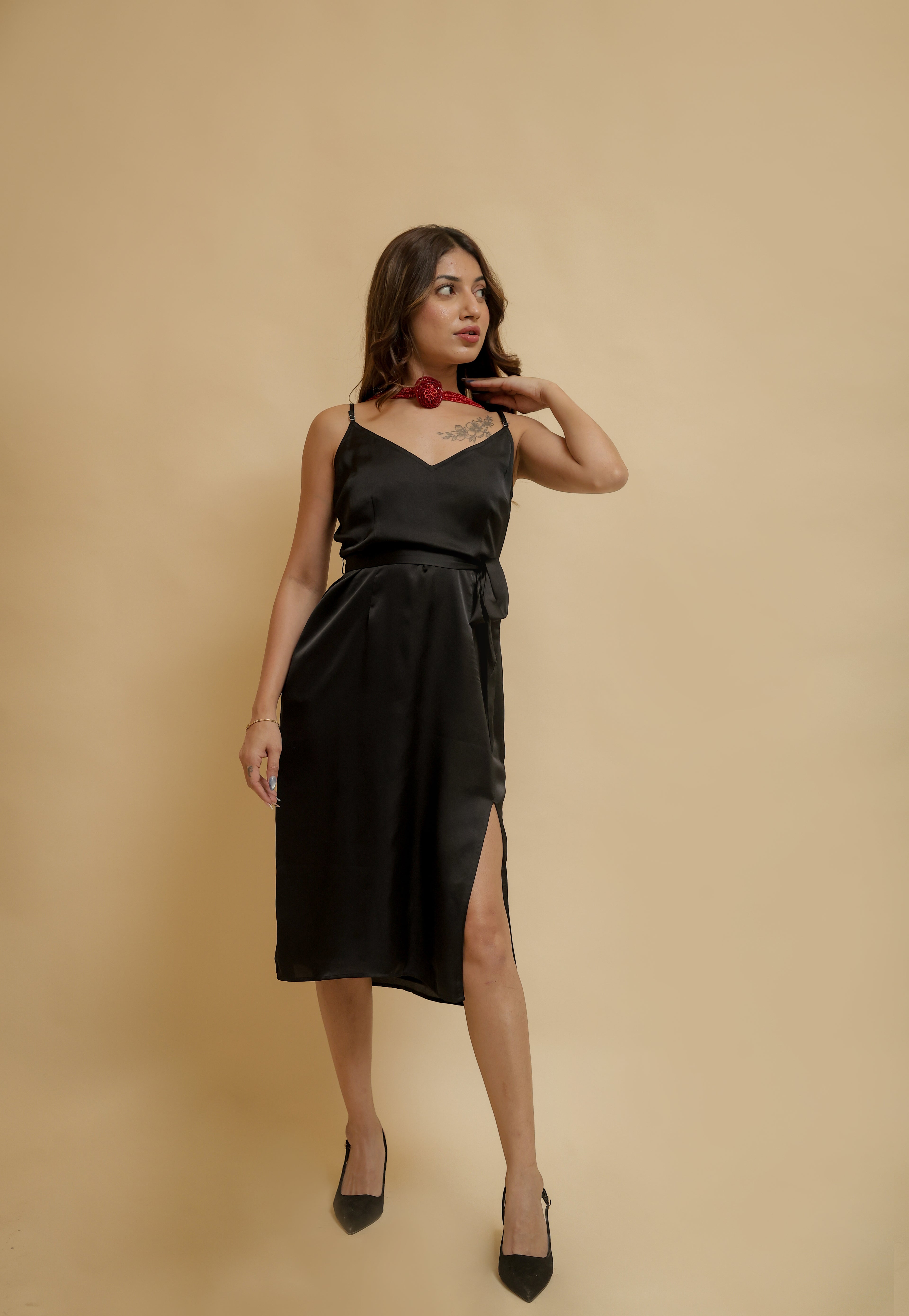 Black Satin Slit Midi Dress