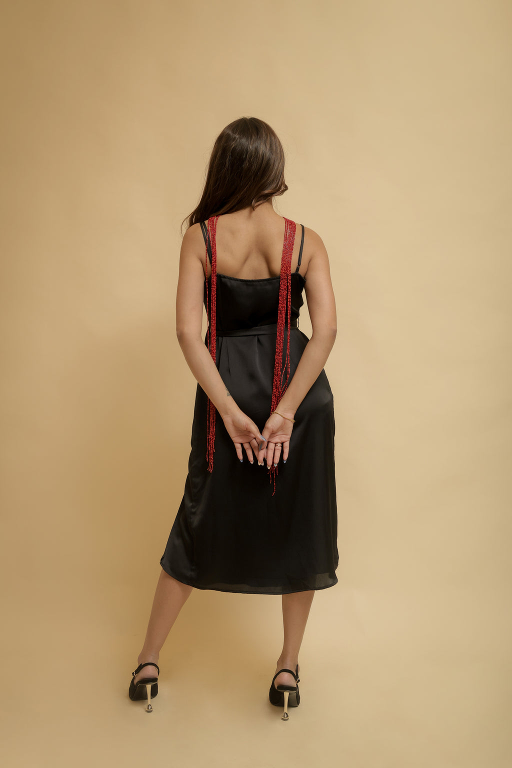 Black Satin Slit Midi Dress