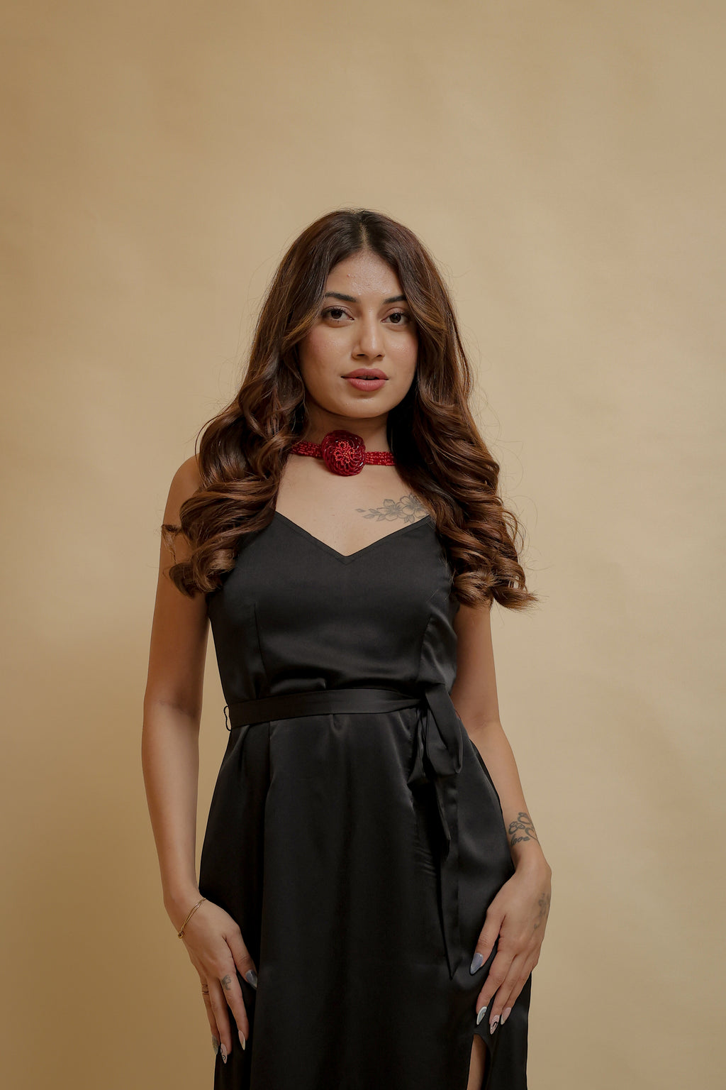 Black Satin Slit Midi Dress