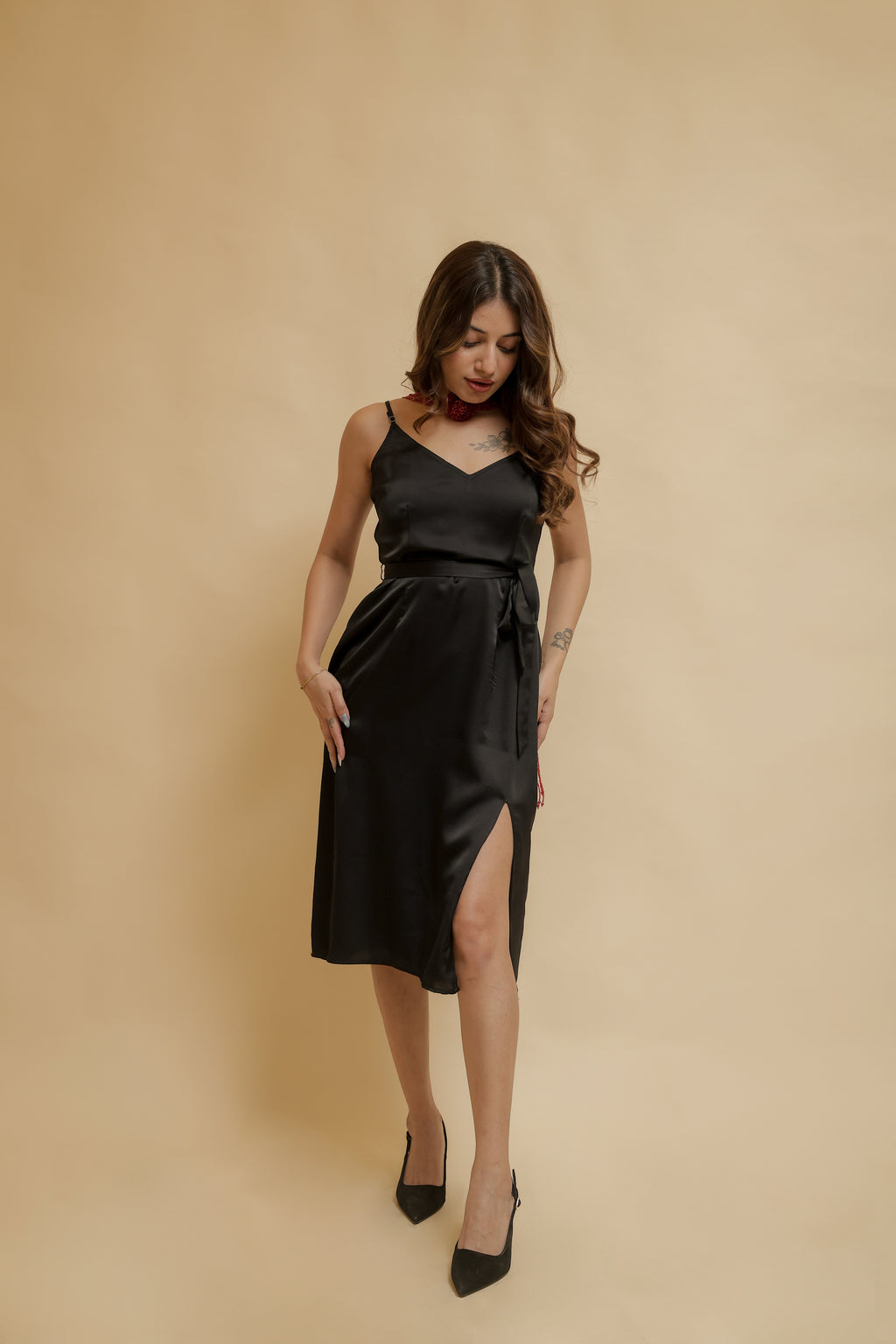 Black Satin Slit Midi Dress