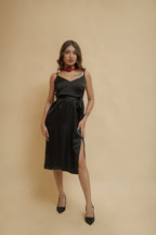 Black Satin Slit Midi Dress