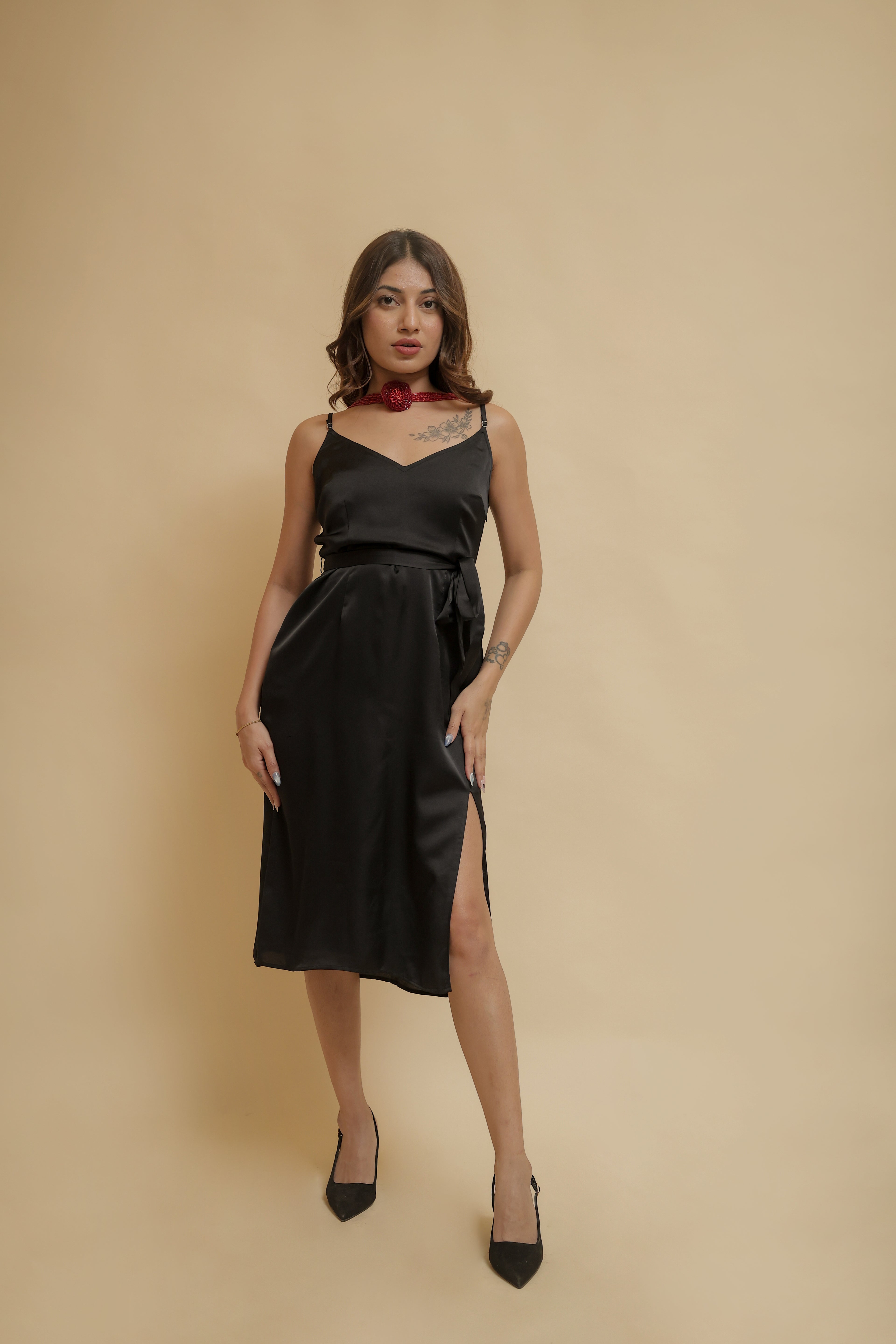 Black Satin Slit Midi Dress