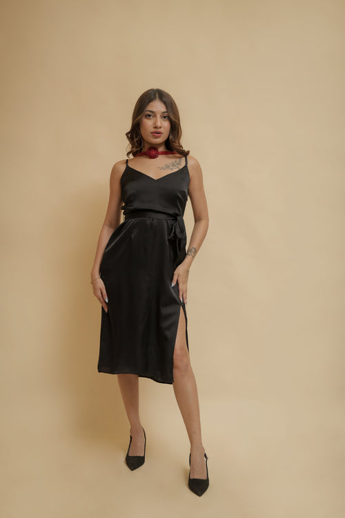 Black Satin Slit Midi Dress