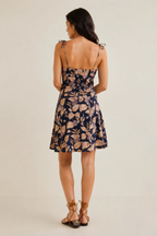 Navy Blue Leaf Motif Mini Dress with Spaghetti Straps