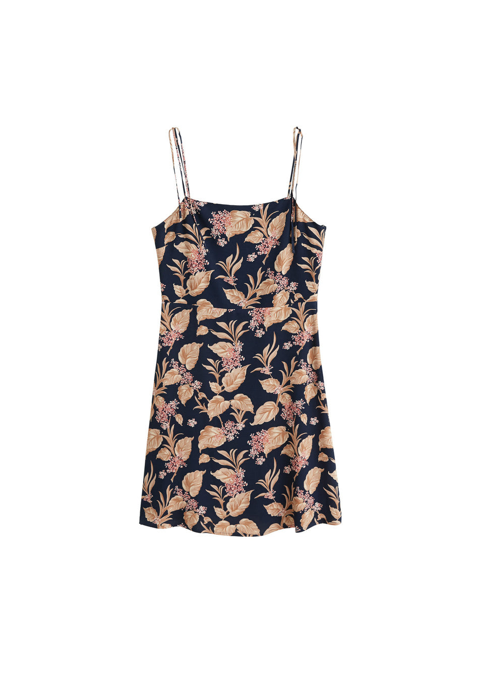 Navy Blue Leaf Motif Mini Dress with Spaghetti Straps