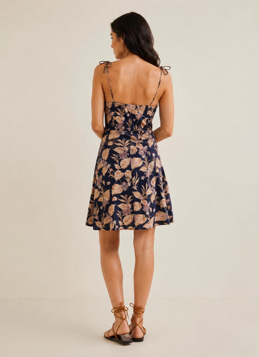 Navy Blue Leaf Motif Mini Dress with Spaghetti Straps