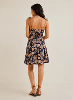 Navy Blue Leaf Motif Mini Dress with Spaghetti Straps