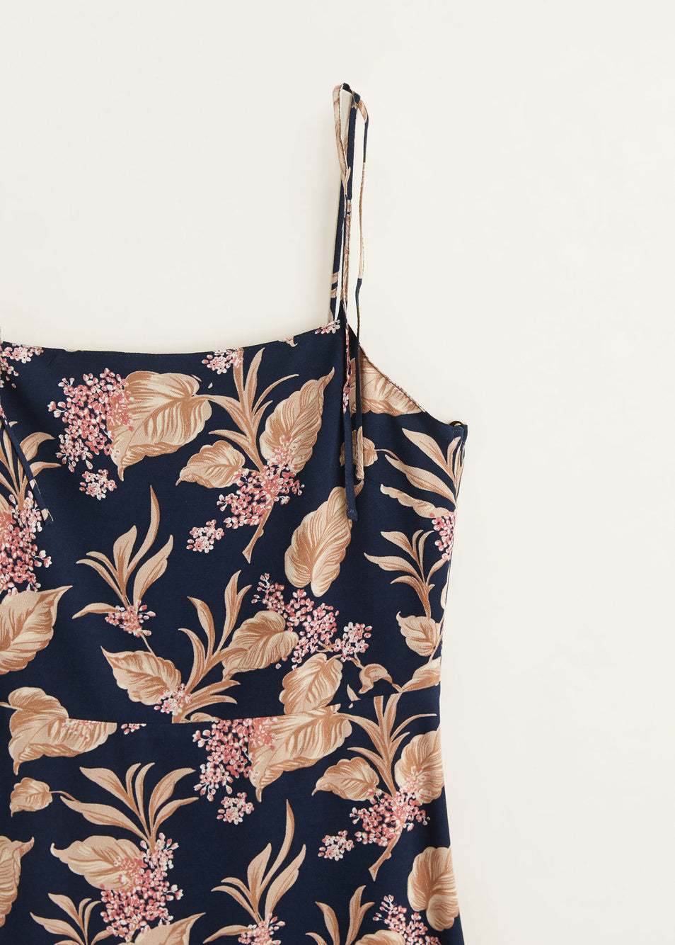 Navy Blue Leaf Motif Mini Dress with Spaghetti Straps