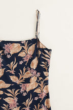 Navy Blue Leaf Motif Mini Dress with Spaghetti Straps