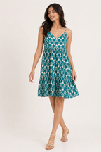 V-Neck Strappy Dress with Floral Motif and Tiered Hem