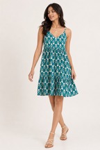 V-Neck Strappy Dress with Floral Motif and Tiered Hem