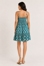 V-Neck Strappy Dress with Floral Motif and Tiered Hem