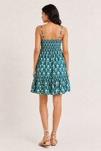 V-Neck Strappy Dress with Floral Motif and Tiered Hem