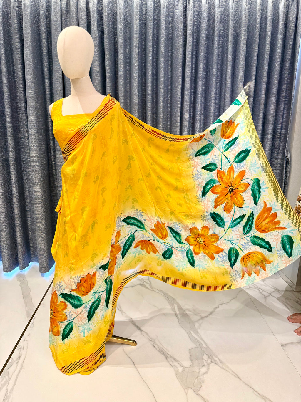 Lightweight Yellow Saree with Vivid Artistic Blooms
