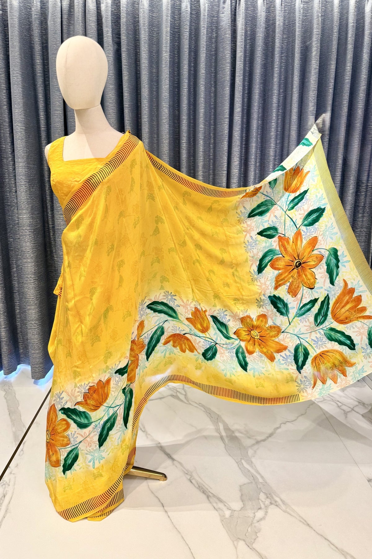 Lightweight Yellow Saree with Vivid Artistic Blooms