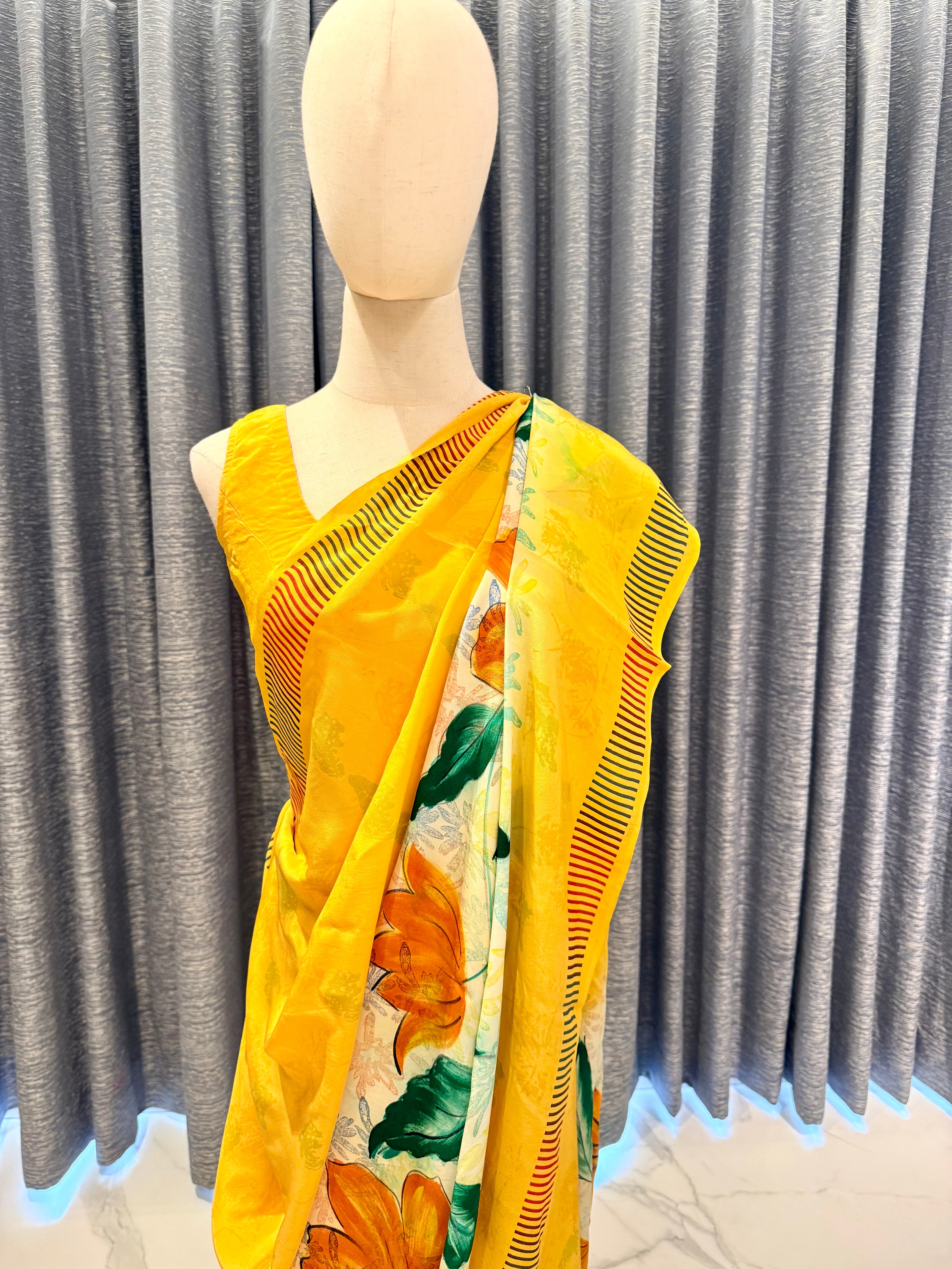 Lightweight Yellow Saree with Vivid Artistic Blooms