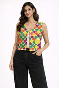 Vibrant Geometric Patchwork Sleeveless Jacket