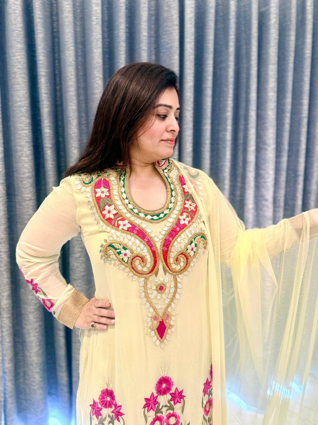 Designer Pastel Green & Pink Festive Gown