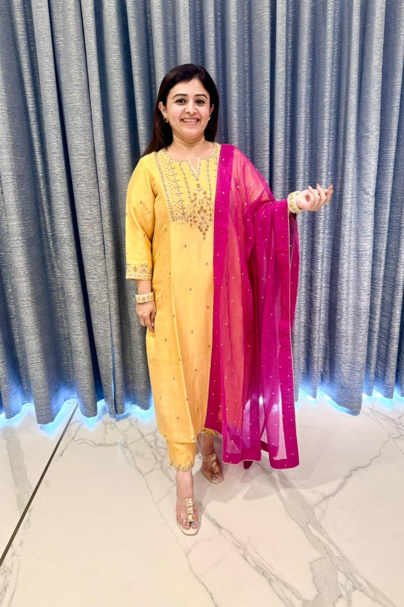 Sunshine Yellow Embroidered Kurta Set with Pink Dupatta