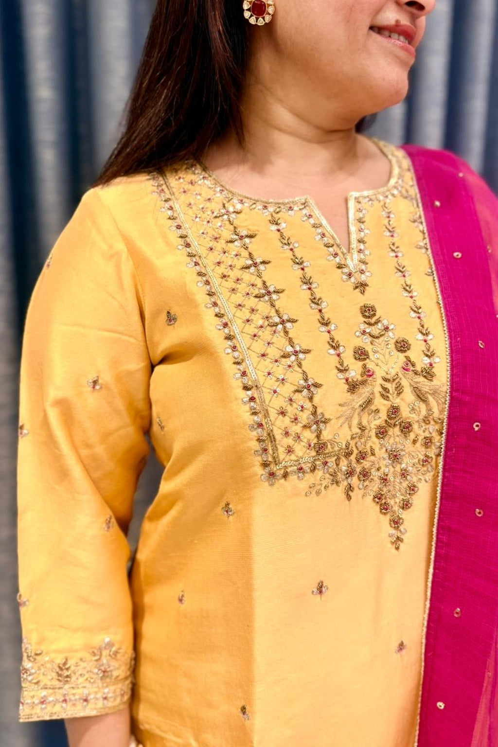 Sunshine Yellow Embroidered Kurta Set with Pink Dupatta