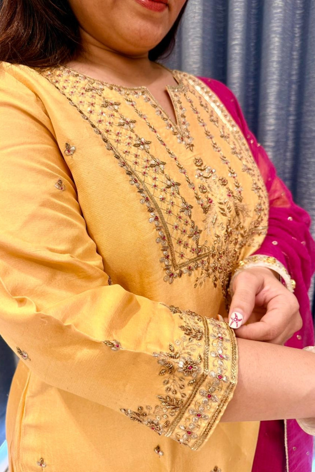 Sunshine Yellow Embroidered Kurta Set with Pink Dupatta