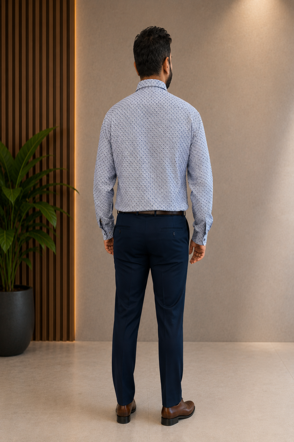 Navy & White Geometric Micro-Print Formal Shirt