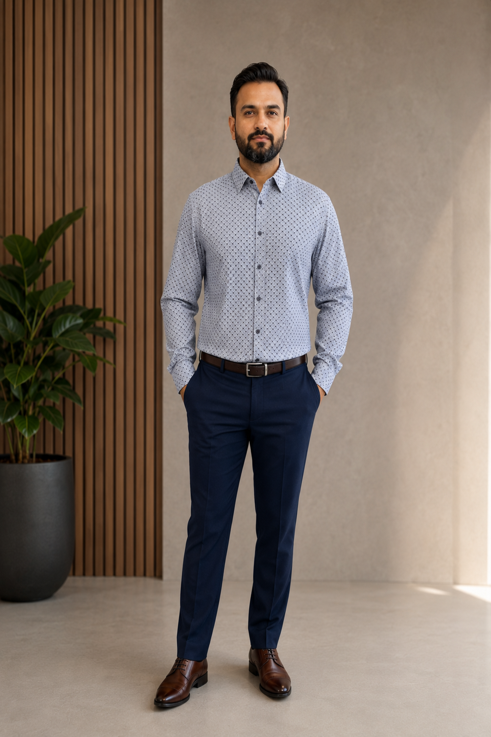 Navy & White Geometric Micro-Print Formal Shirt