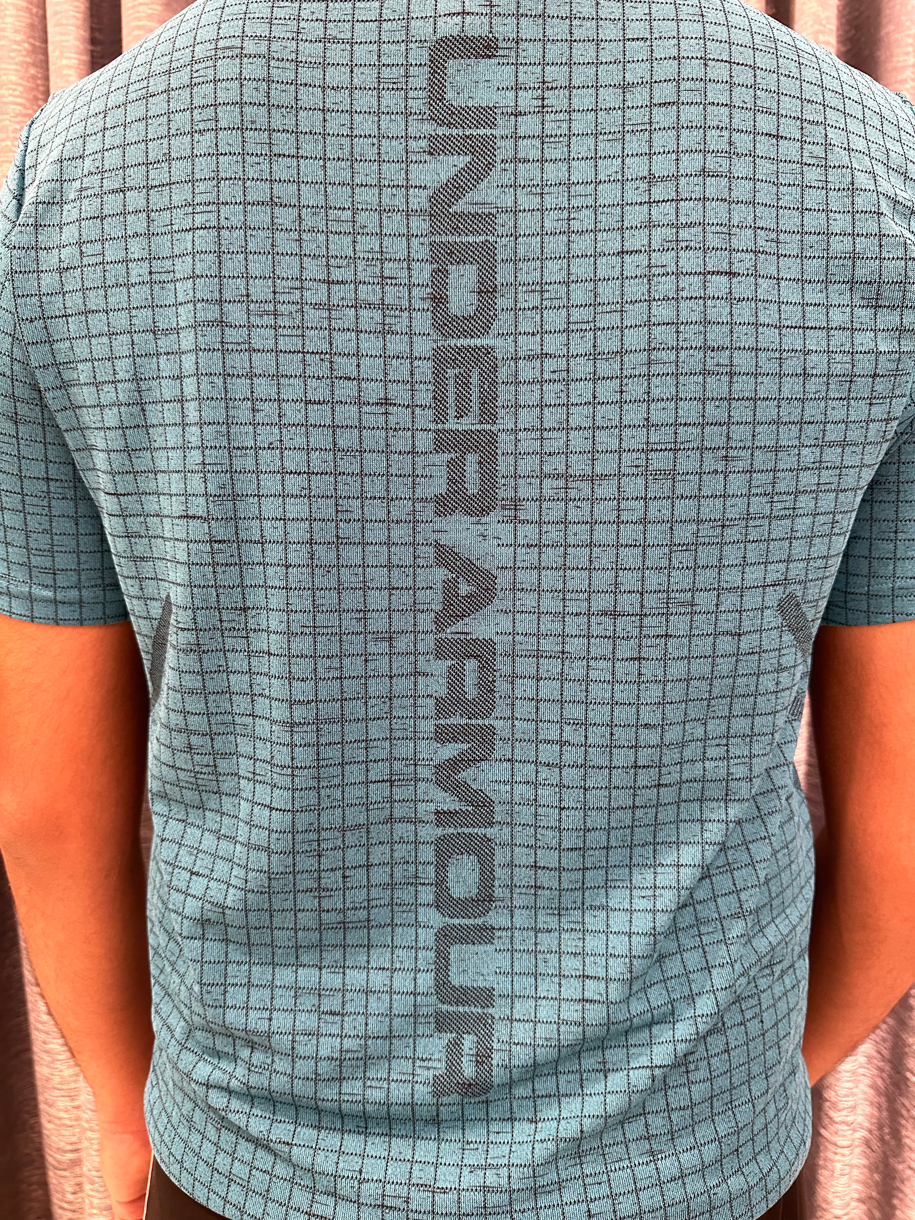 Grid-Print Performance Tee – Vibrant Cyan Blue