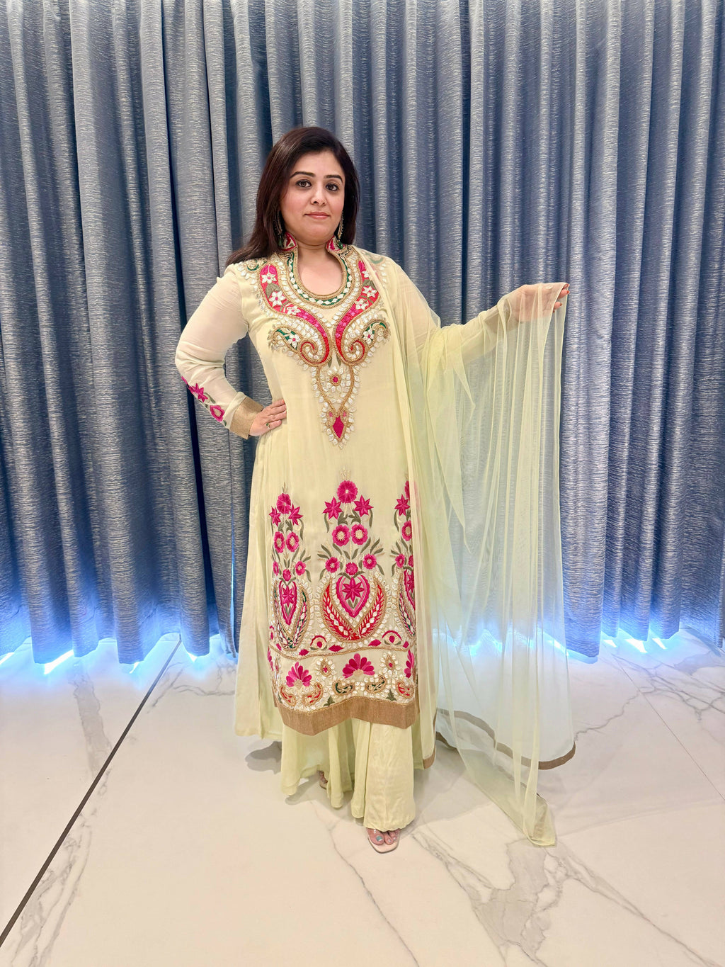 Designer Pastel Green & Pink Festive Gown
