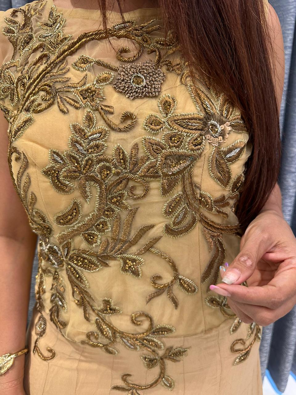 Elegant Golden Embroidered Anarkali Gown