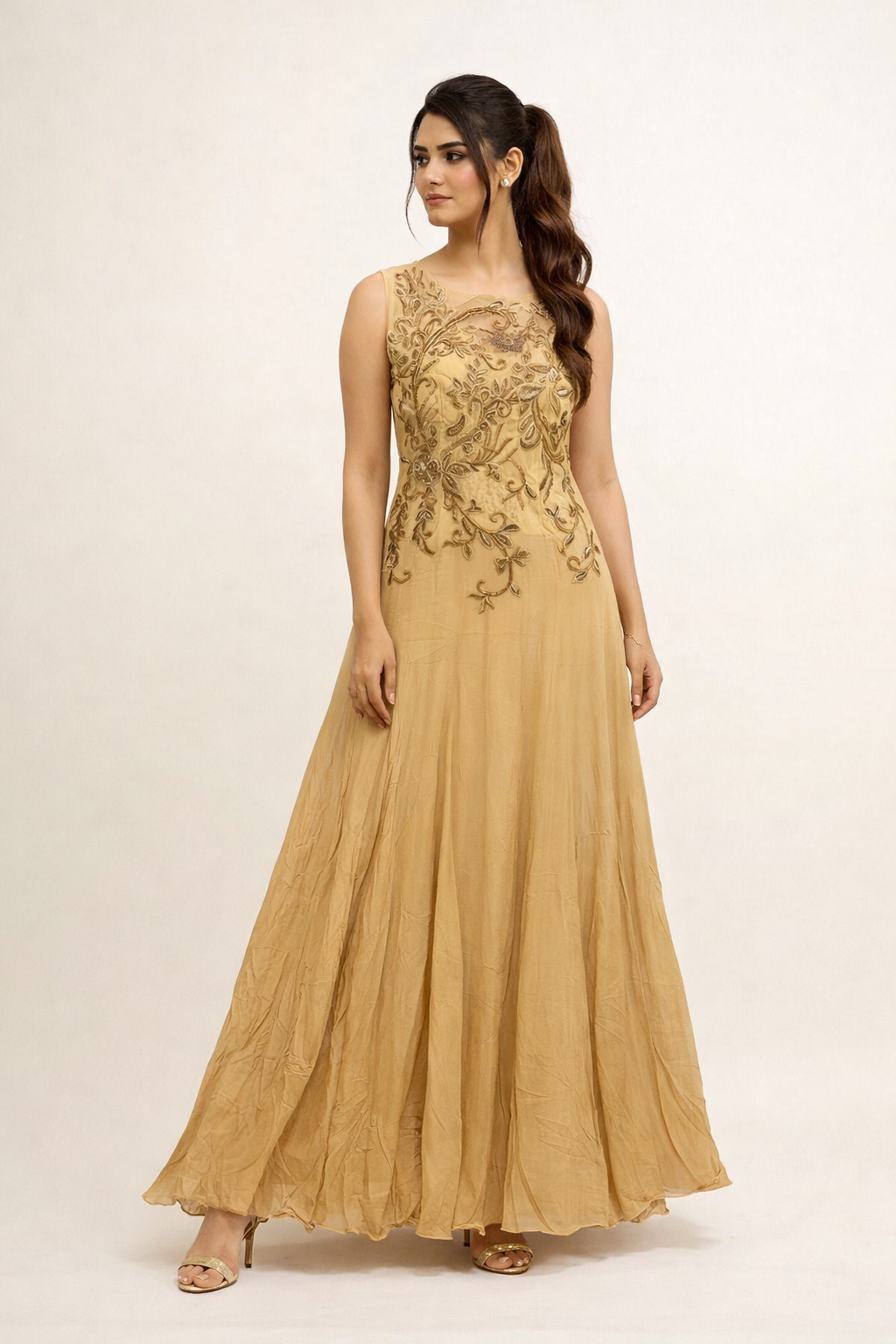 Elegant Golden Embroidered Anarkali Gown
