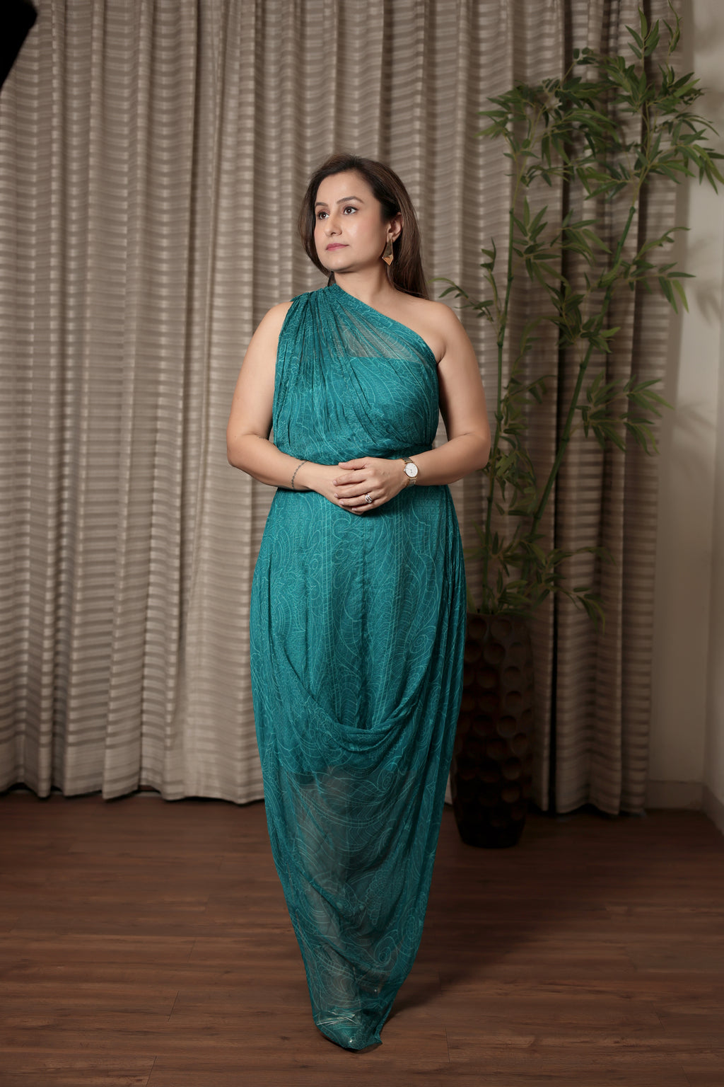 Royal Teal One-Shoulder Drape Dress