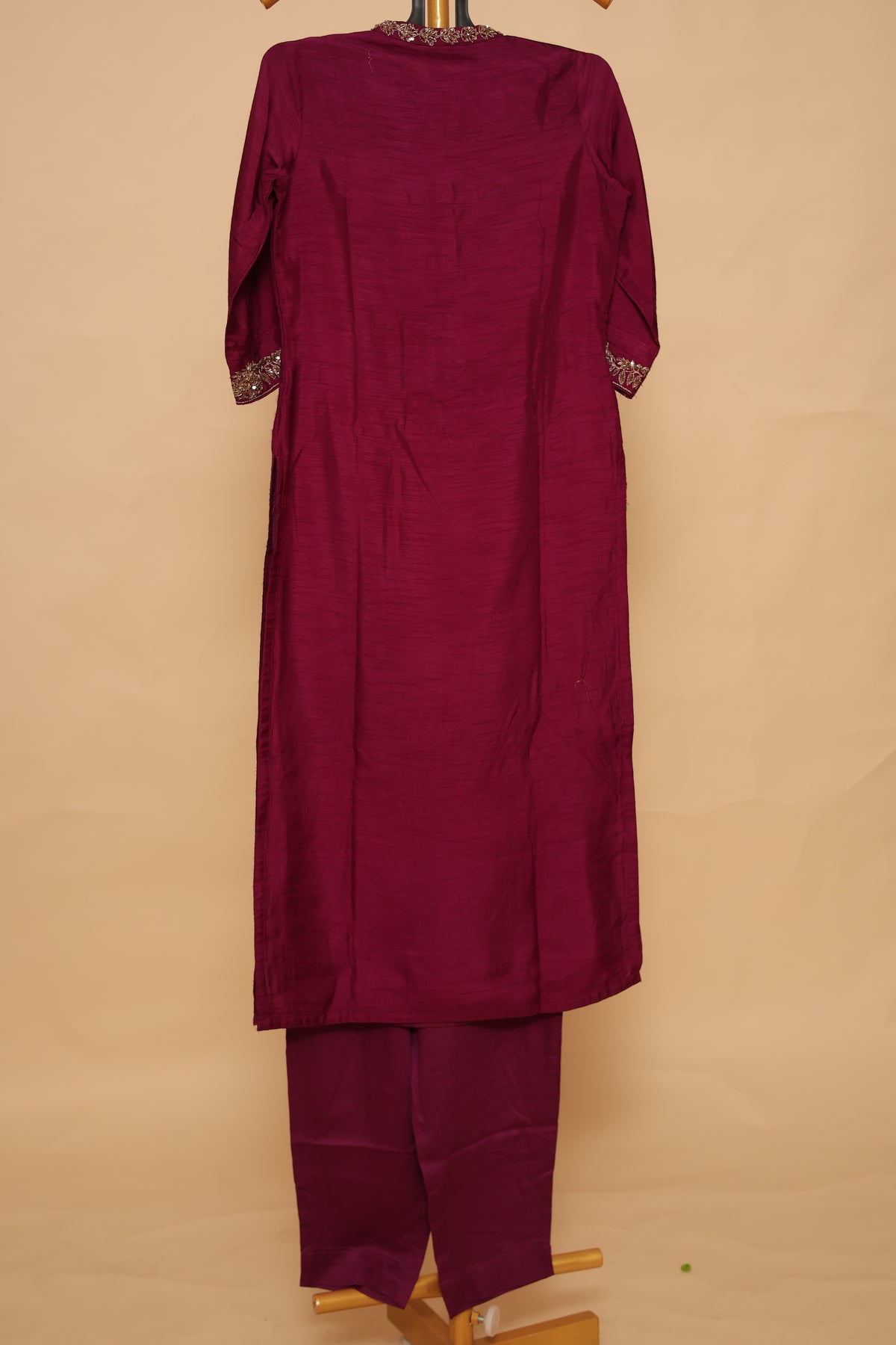 Wine Silk Suit Set with Gold Embroidered Dupatta