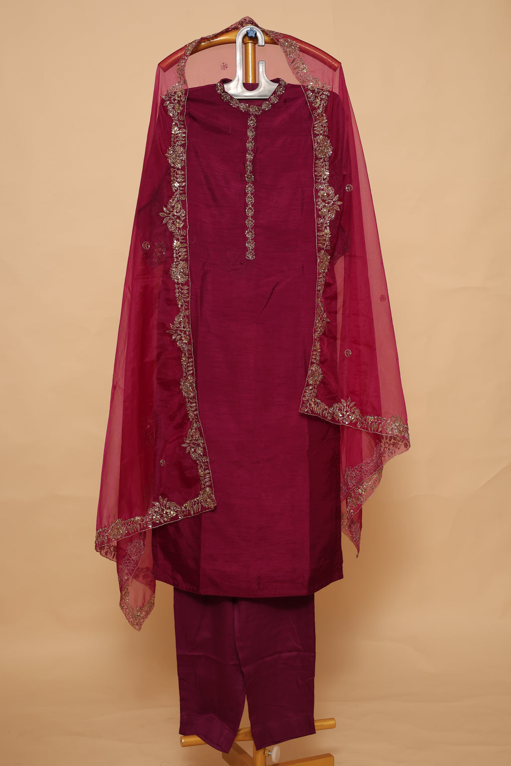 Wine Silk Suit Set with Gold Embroidered Dupatta