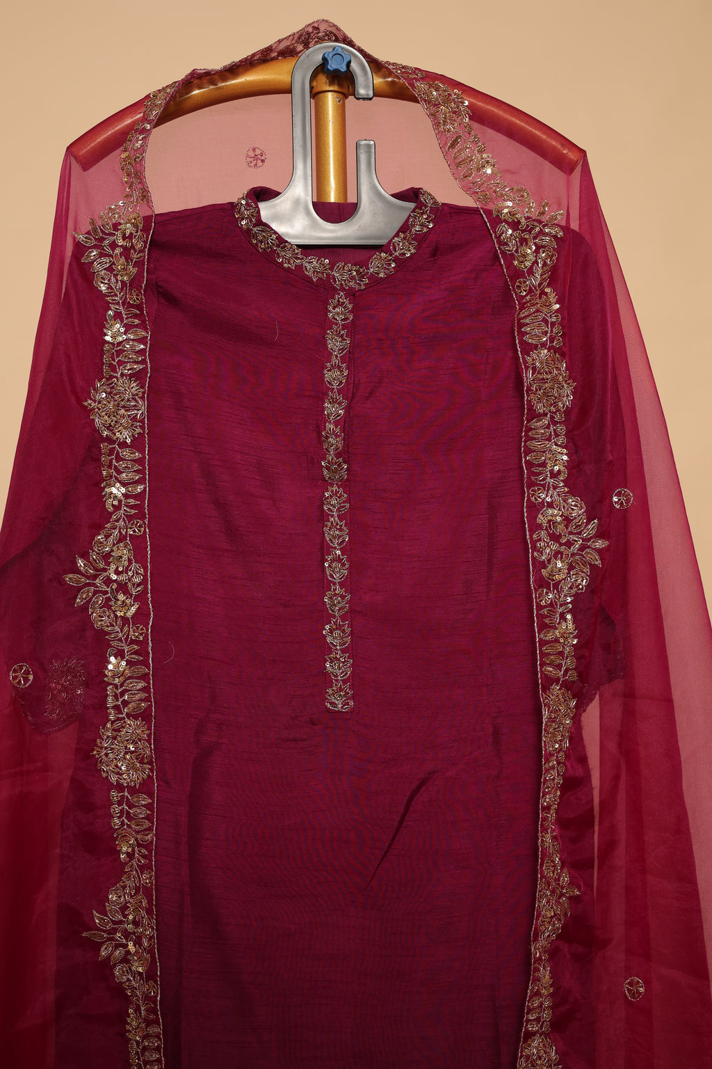 Wine Silk Suit Set with Gold Embroidered Dupatta