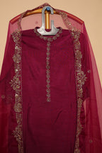 Wine Silk Suit Set with Gold Embroidered Dupatta